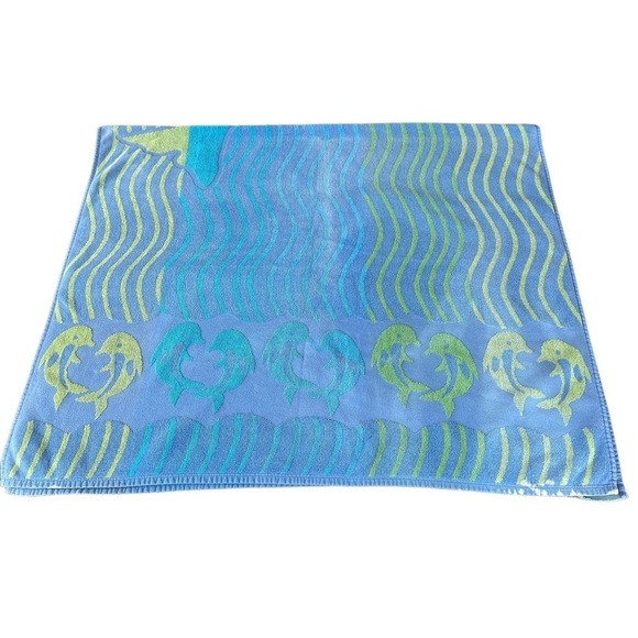 Vintage Mervyn’s Dancing Dolphin Waves Cotton Beach Towel Blue Green 36x64 FLAWS - Picture 3 of 16